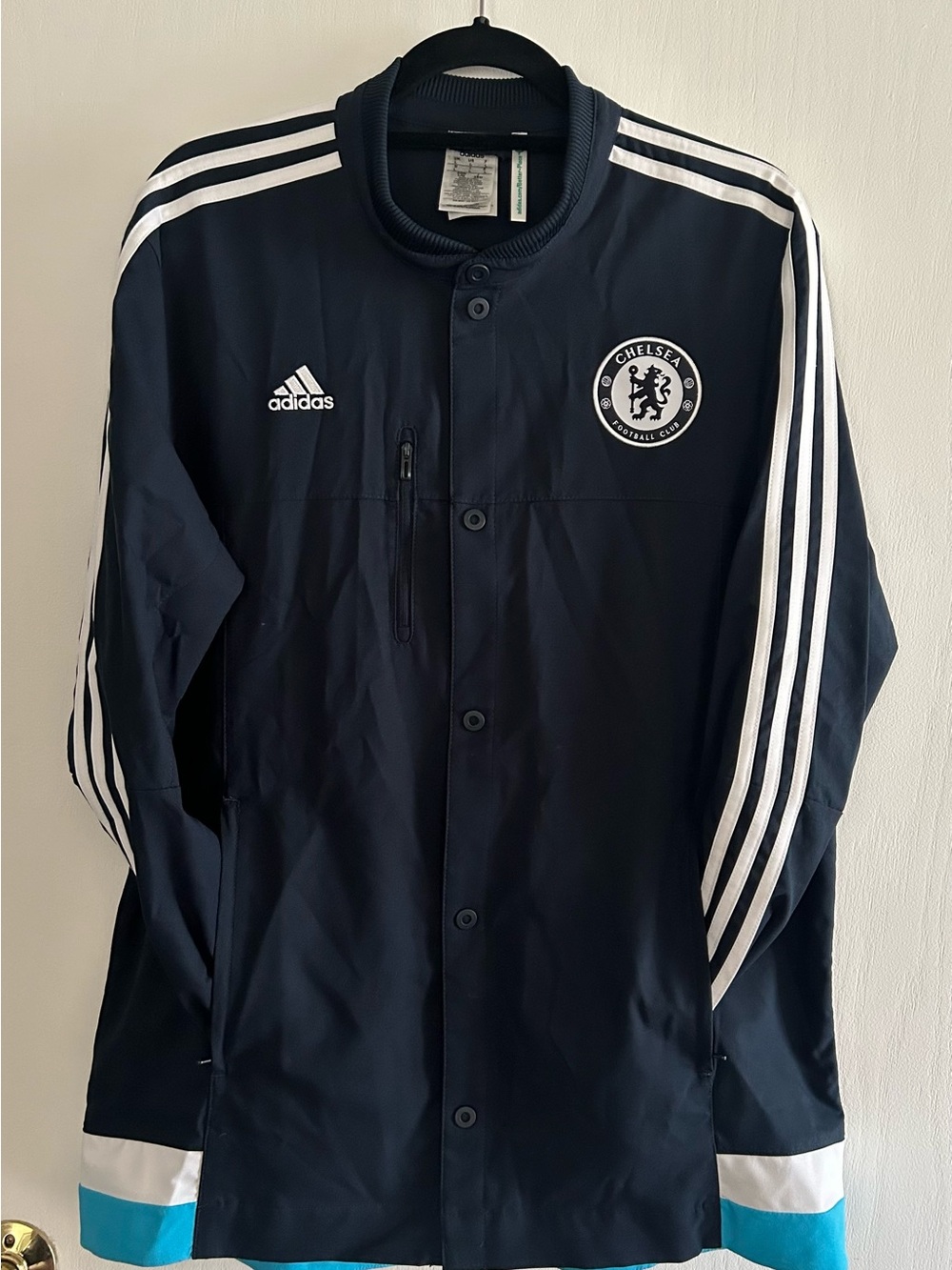 adidas Navy Chelsea Bomber Jacket with White Stripe Accents